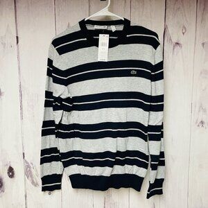 Lacoste Striped Sweater Navy Blue Gray Logo Pullover Men’s Size 4 Medium